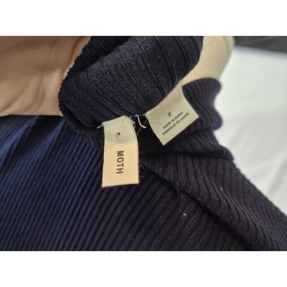 Anthropologie Moth Dark Navy Blue Ribbed Flare Sleeve Turtleneck Sweater Small - Picture 7 of 7
